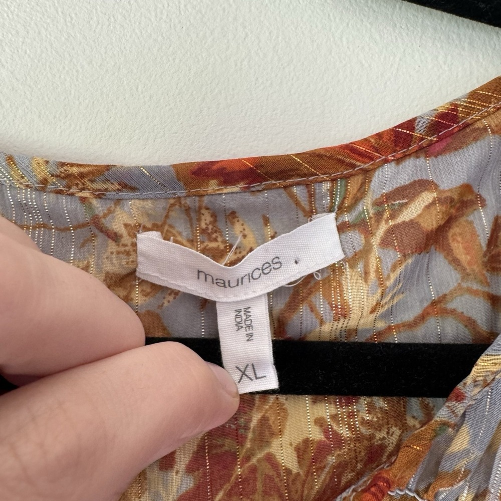 Maurices Fall Leaf Floral Peasant Blouse XL Gold Metallic Stripe Balloon Sleeve - Picture 2 of 5